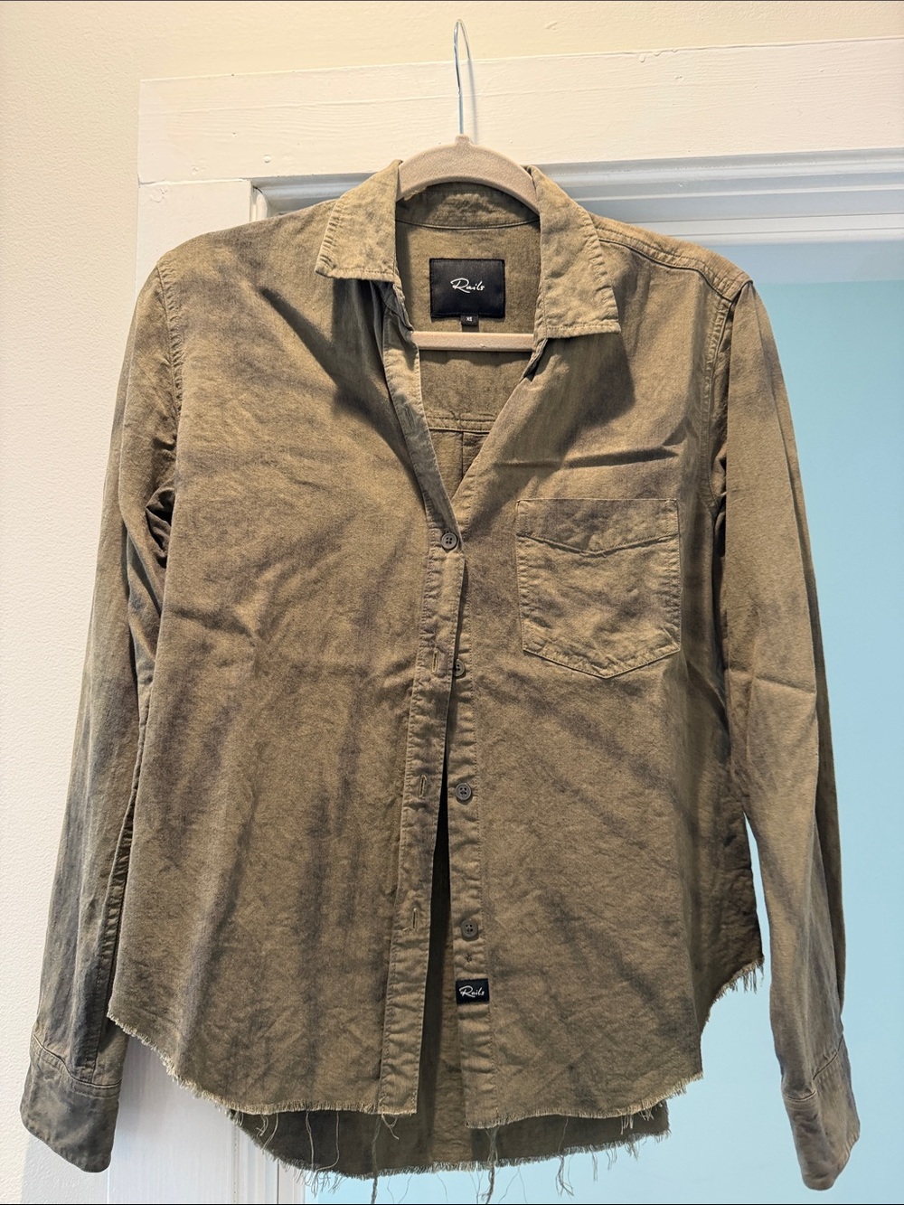 Rails Olive Button-Up Shirt with frayed himline